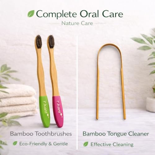 Image of R.Kant Pack of 2 Bamboo Toothbrush Combo for Adults | Green & Pink | Charcoal Infused Soft Bristles | Eco-Friendly Handle | Includes 2 Toothbrushes & 1 Bamboo Tongue Cleaner