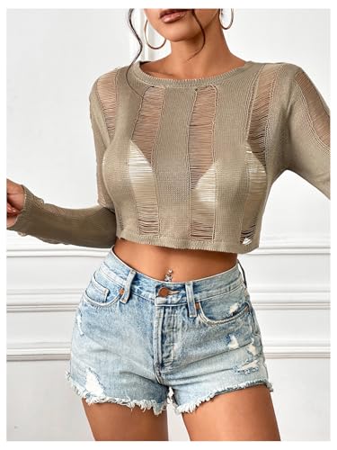 Image of SOLY HUX Sweaters for Women Long Sleeve Ripped Lace Up Back Sheer Crop Tops Plain Khaki Large