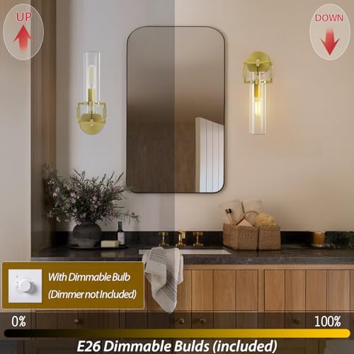 Image of Modern Brass Wall Sconces,15.3'' Hardwired Wall Sconce with Knurled,Farmhouse Indoor Bathroom Sconce,Gold Vanity Lights for Bathroom,Glass Wall Sconce for Living Room,Bedroom,Hallway,Staircases
