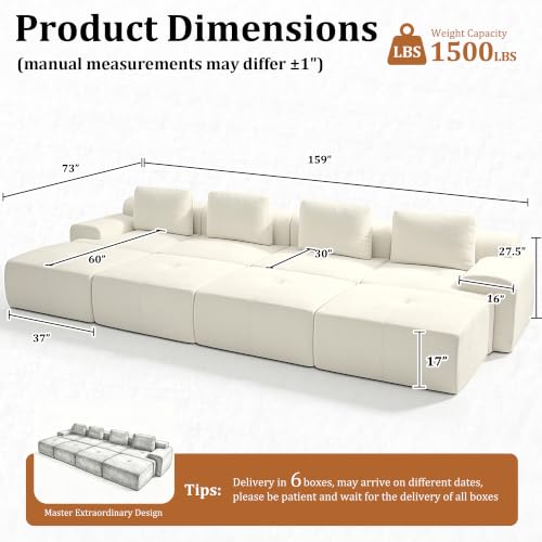 Image of 159 inch Oversized Boneless Couch, Comfort Cloud Sectional Couches for Living Room, Modular Sofa High Back & Extra Deep Seat, No Assembly, Soft Chenille Fabric (Warm White, 159 inch-(4+4))