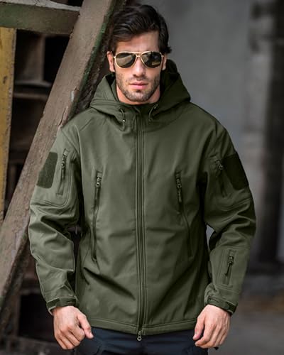 Image of Men's Tactical Fleece Lined Jacket Softshell Military Hooded 7 Pockets Windproof Outdoor Work Rain Coats Green M