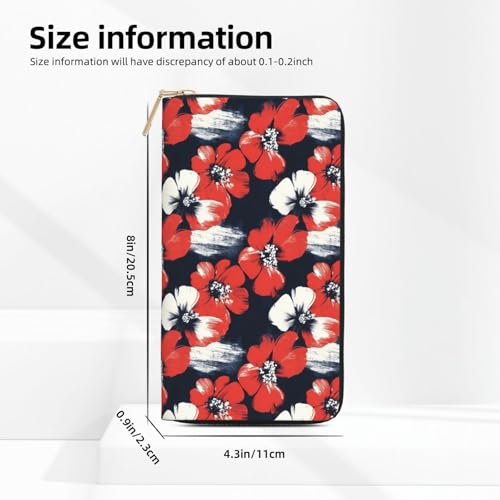 Leather Thin Slim Wallets for Women & Men - Red Flower Art Print Card Wallet Holder with Zipper2