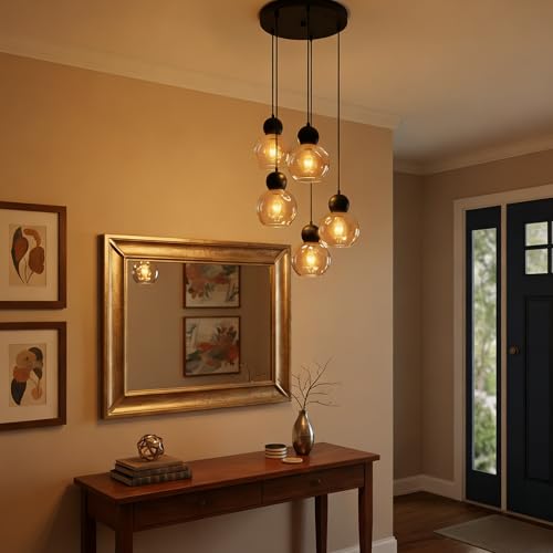 Image of 5-Light Black Cluster Pendant with Globe Amber Glass, Adjustable | Hardwired, Modern Style, for Staircase, Kitchen Island, Dining Room, Entryway