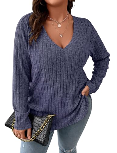 Image of Koscacy Women Plus Size Casual Knit Sweater V Neck Solid Color Tops Lightweight Long Sleeve Blouses