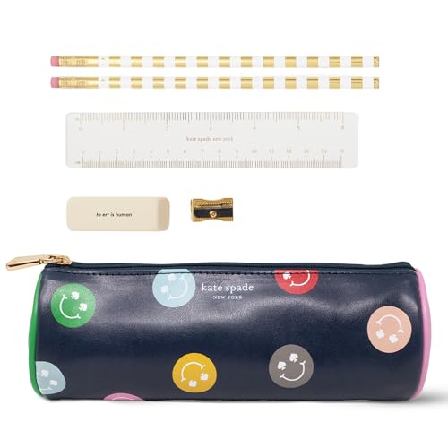 kate spade new york Pen and Pencil Case with Office Supplies, Zip Pouch Includes 2 Pencils, Sharpener, Eraser, and Ruler (Spade Smiley)