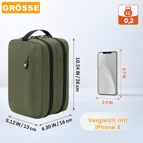 GNEGNI LIFE Trousse de toilette - 5,7 l - Grande trousse de toilette avec double fermeture éclair et 2 compartiments principaux - Trousse de toilette de voyage pour homme et femme - 26 cm, vert olive – vue 4