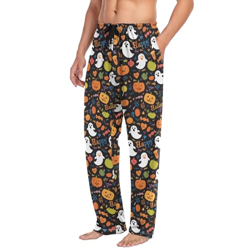 Men’s Halloween Ghost Pumpkin Pajama Pants with Pockets, Comfortable Lounge Sleep Bottoms#4474
