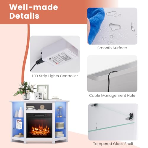 RELAX4LIFE Corner Fireplace TV Stand - Electric Fireplace Entertainment Center w/Heater Insert, LED Lights, APP Control & Adjustable Shelves, Media Console Cabinet for TVs up to 50&rsquo;&rsquo; (White)