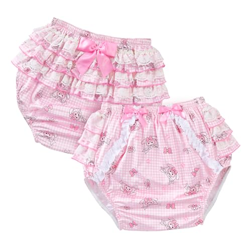 Image of Littleforbig Silky Washable Reusable Waterproof Ruffled Lace Bow Bunnies & Bows Usagi Pattern Ruffle Adult Diaper Cover XL
