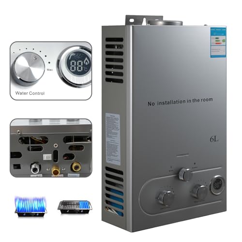 Chauffe Eau Gaz LGP,Chauffe Eau Camping Car, Modes Hiver Et éTé, Protection Contre La Surchauffe,Avec Buse et Tuyau Zéro, Fixé au Mur,Pour La Maison, ExtéRieur, Camping Car (6L, 12kw)