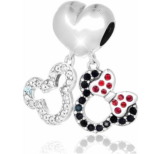 Jewellbox 925 Sterling Silver Disney Pendant Charm with Heart and Mickey and Minnie Mouse Silhouettes