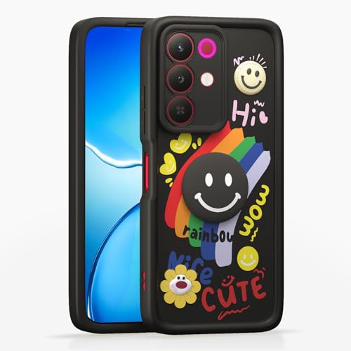 Image of Pikkme Back Cover for Realme Narzo 90X 5G / Realme C85 5G / Realme 15X 5G | Soft Silicone| Cute Rainbow Smile & 3D Cartoon Flower Design | Shockproof Raised Camera Protection Bumper Case (Black)