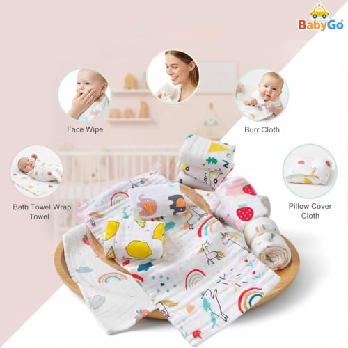 Image of BabyGo Muslin Baby Washcloths - 6 Layer Ultra Soft Cotton Baby Towels | Highly Absorbent Face Towels for Newborns, Kids & Toddlers | Quick Dry Burp Cloths & Bath Essentials (Large) - Pack of 4