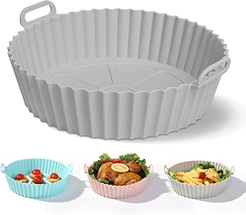 Buransh Grey Air Fryer Silicone Baking Tray Silicone Air Fryer Liners with Ear Handles, Air Fryer Accessories, Round Air Fryer Oven Pot Food Grade Silicone Heat Resistant Pack 1