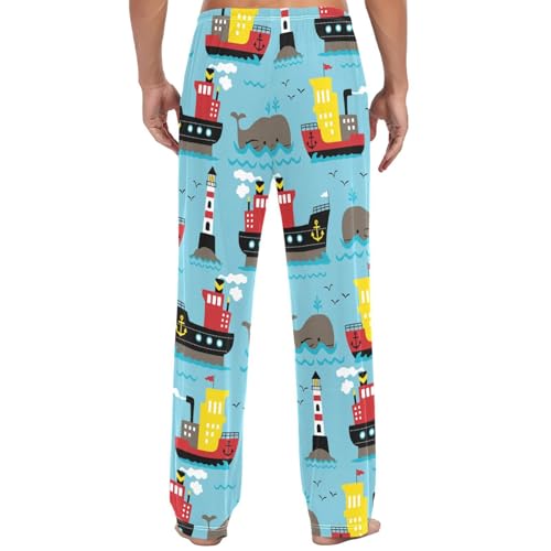 Pigsaly Men's Pajama Bottoms Cartoon Cargo Ships Whale Mens Pajama Pants Cruise Lighthouse Cotton Pj Bottoms XL3