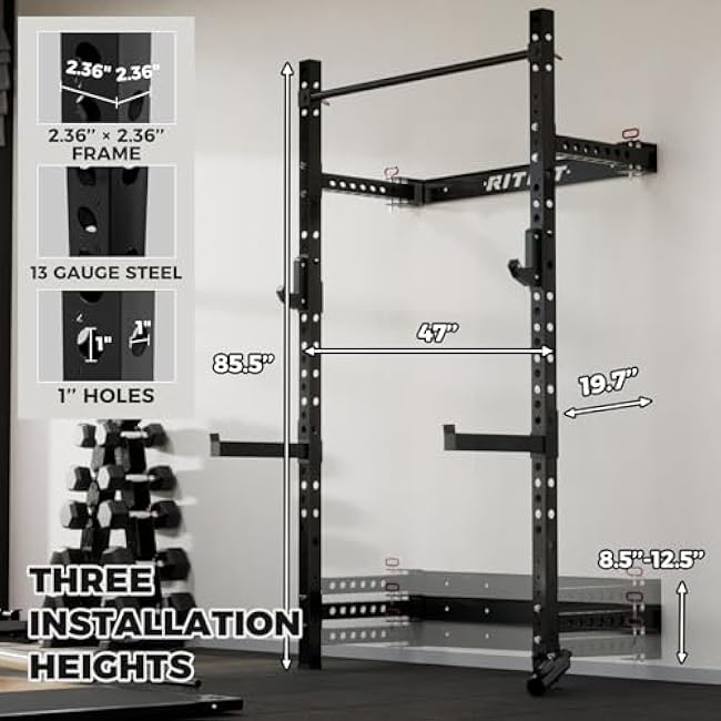RitFit Multi-Functional Folding Squat Rack for Home Gym, 2.36'' x 2.36'' Wall Mounted Squat Rack with Attachments - Space Saving Squat Power Rack