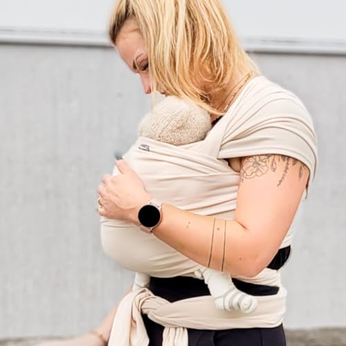 Hoppediz Elastisches Baby-Tragetuch - für Neugeborene ab Geburt (2-9 kg) - aus Bio-Baumwolle - Creme 5,40 m