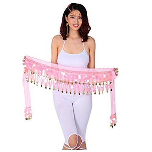 Image of VRITRAZ Women's Chiffon Belly Dance Hip Scarf Waistband Belt Skirt Mixed Colors Beads and Golded Coins 56 Black