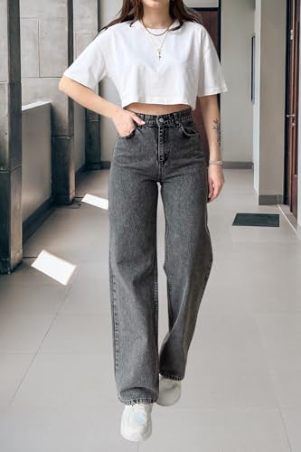 Women's Wide Leg Straight Jeans High Waist Stretchy Boyfriend Classic Denim Pants4