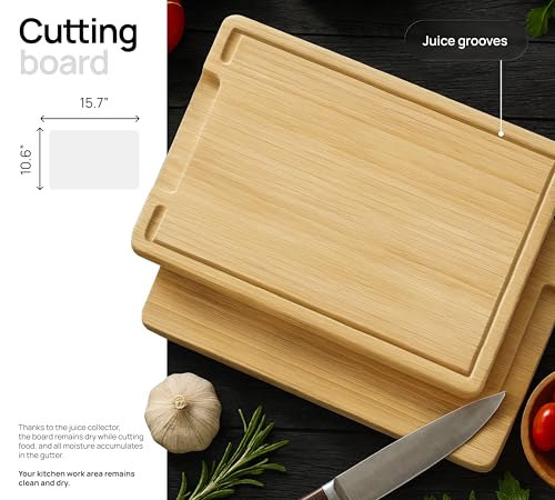 Set de 2 Tablas de Cortar de Bambú Kopcher, 15.6"x10.7"x1", con Ranuras para Jugos y Bandeja Atrapa Migas, Tablas Gruesas para Carne con Mango Antideslizante miniatura 3