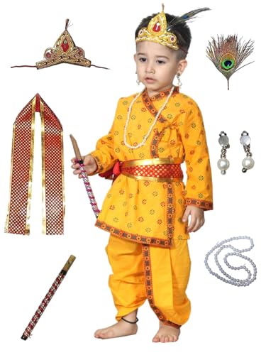 Image of Kaku Fancy Dresses Krishna Costume for Kids, Baby Krishna Dress for Janmashtami, Bal Krishna Dhoti Set, Krishnaleela Costume, Infant Bal Gopal, Krishna Fancy Dress Costume for Boys /Girls