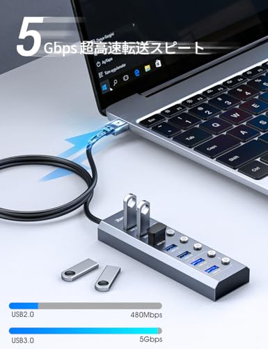 RayCue USB ハブ 3.0 Hub 7ポート 5Gbps高速 USB拡張 コンパクト セルフパワー/バスパワー 独立スイッチ付 5V/3A ACアダプタ付 電源付き アルミニウム スペースグレ (Gray, 7IN1)