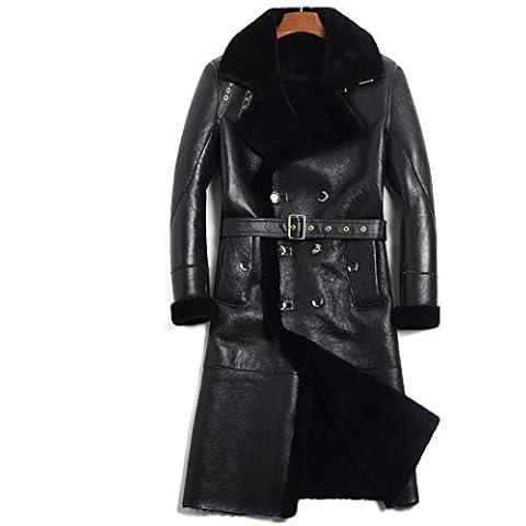 Men's Winter Faux Fur Leather Plush Jacket Flight Pilot Aviator Leather Trench Coat,Black,165/46/M Cover