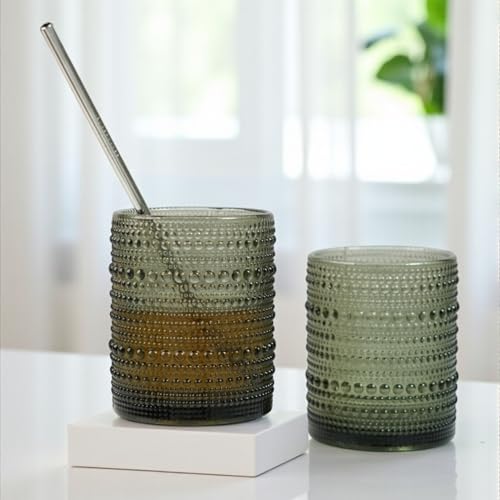 Image of Kookee Jupiter Vintage Hobnail Bubble Glass Double Old Fashioned Whiskey Tumbler | Cocktail Drinking Glasses Set of 6 | 300ml Textured Barware (11760)