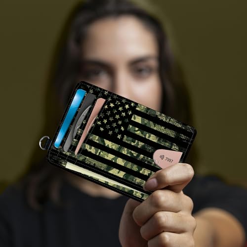 Image of Small Travel Wallets, Military Camouflage American Flag Slim Minimalist Front Pocket Wallet with Wristlet, RFID Blocking PU Leather Credit Card Holder with ID Window Change Purse for Men Women