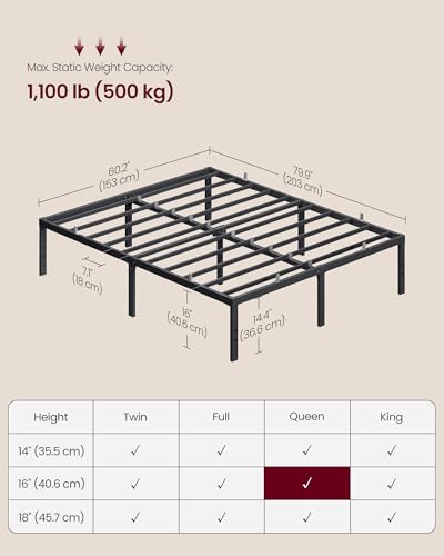 Image of VASAGLE Queen Metal Bed Frame 16 Inches Tall, 1100 lb Weight Capacity, No Box Spring Needed, with Under-Bed Storage, Easy Setup, Heavy-Duty Platform Bed, Mattress Retainers, Matte Black URMB661BD02S