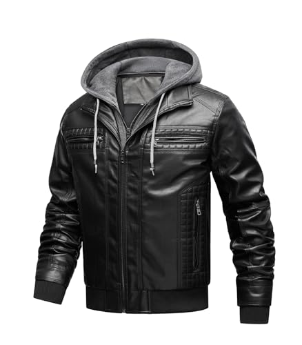 FTIMILD Men's Faux Leather Jacket Motorcycle Jacket Waterproof Windproof PU Vintage Bomber Jacket with Removable Hood3