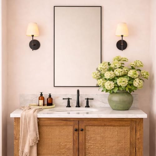 Image of TEHOME Black Bathroom Vanity Mirror with Squared Corners, 24x32'' Matt Black Rectangle Stainless Steel Metal Framed Mirror for Bathroom