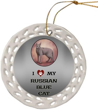 Doggie of the Day Russian Blue Cat Christmas Doily Ceramic Ornament