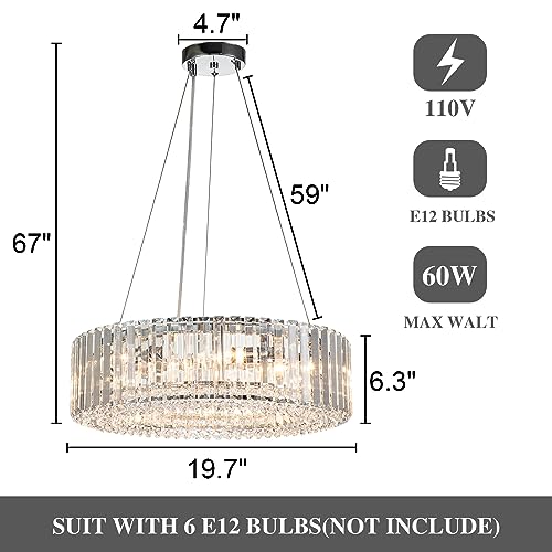 Lingkai Modern Round Crystal Chandelier, 19.7 in 6-Light Luxury Crystal Pendant Light Fixture E12 Bulb Semi Flush Ceiling 60W Adujustable Hanging Core Light Chrome — view 3