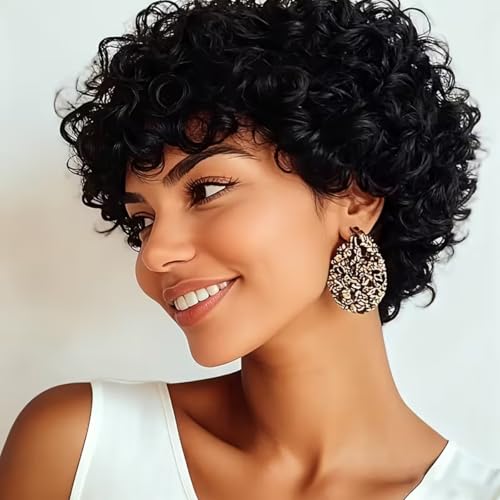 Feelgrace Short Curly Bangs Wigs for Black Women Human Hair