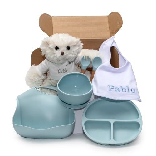 Regalo Ecológico Personalizado para Bebé | Set de Regalos para Niño/Niña | Vajilla de Silicona + Accesorios Personalizados (Azul | Vajilla + Babero + Oso) | BebeDeParis