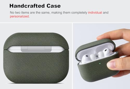 Image of Haobobro Handmade Case - for AirPods Pro 3 Case Cover - Premium Vegan Leather with Woven Fabric Texture, Wireless Charging Compatible, Drop Protective Hard Cover for AirPods Pro 3rd Generation - Green