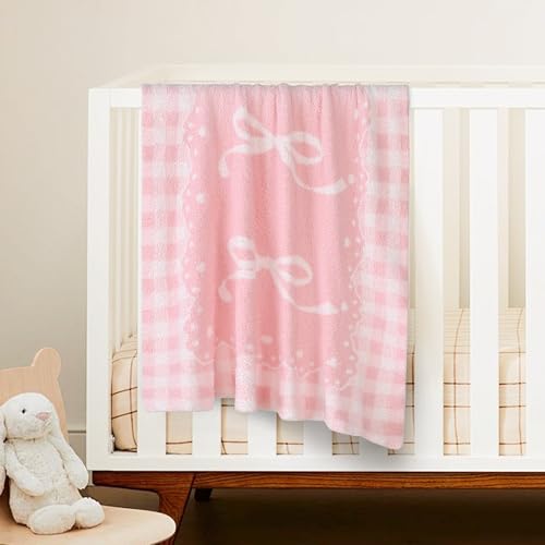 Image of Pink Bow Baby Blanket - Soft Knitted Throw with Adorable Bow Detail for Baby Girls, Nursery Bedding & Shower Gifts - Warm & Gentle, 30x40 Inch