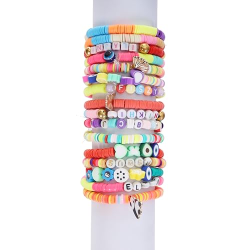 Image of ambitieux DIY Bracelet Making Kit - 24 Colorful Beads, 10m Elastic Thread, Jute Bag, and Cutter - Gift for Girls Birthdays (Clay Beads 3)