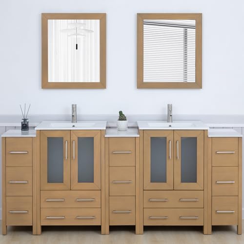 Vanity Art 84 Inch Under Mount Double Sink Bathroom Vanity Cabinet with 2 Mirrors, Ceramic Top Bathroom Cabinet Compact Set with 13 Dovetail Storage Drawers and Brushed Nickel Handles, VA3024-84-NO