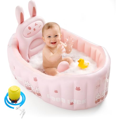 IcyByte Inflatable Baby Bathtub with Seat Cushion & Air Pump, Newborn to Toddler Bath Tub, Foldable Portable Toddler Tub for Shower Sink, Non-Slip Texture, Quick-Drain, Travel-Ready, Pink