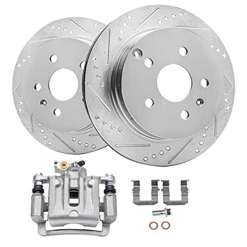 Image of Detroit Axle - Rear Drilled Brake Rotors Left Brake Caliper for 2010-2017 Chevrolet Equinox GMC Terrain Replacement : 11.93 inch inch Rotor