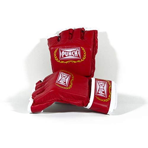 Luva Mma Couro Natural Punch Unissex Adulto Vermelha Com Branco