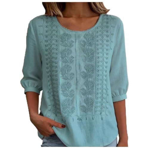 Vintage Hippie Embroidered Cotton Linen Plus Size Boho Tops 3/4