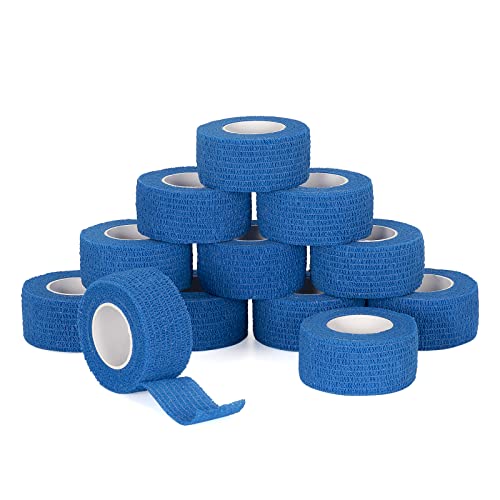 SEADESKY 12 Rouleaux Bandage Autoadhésif Cohésifs 2.5cm Bande Cohésive Bandage Medical Sports Bande Elastiques Pansements Adhésifs pour Doigt Mains Pieds Poignets (Bleu) Cover
