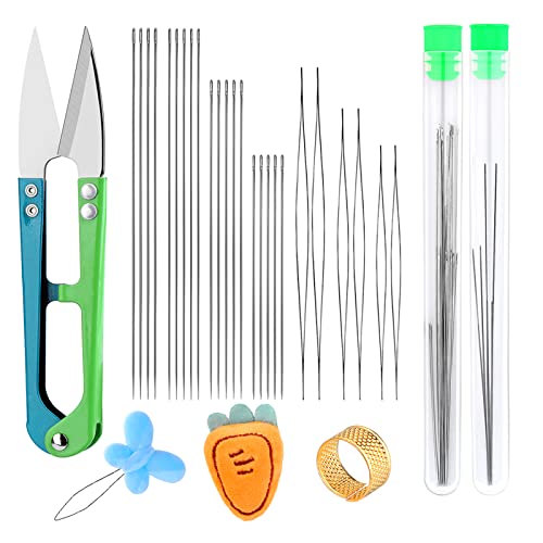 Benlay Ensemble de 29 aiguilles perlées à enfiler, 19 aiguilles pour les grands yeux et 6 aiguilles droites longues & ciseaux, aiguilles perlées bracelet collier...