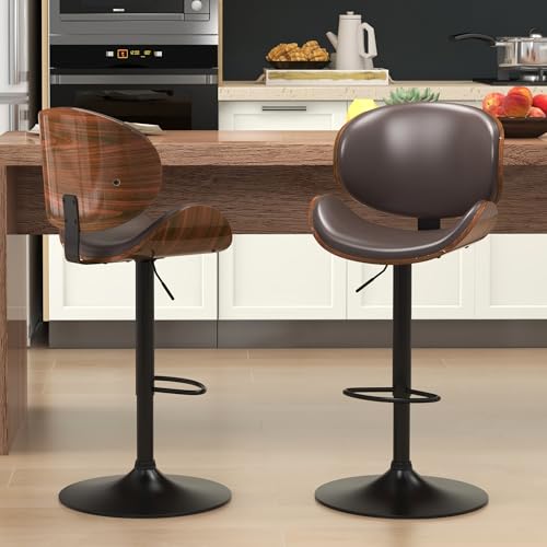 KCC Bar Stools Set of 2, Swivel Adjustable Height Barstools, PU Leather Upholstered Bar Chairs with Footrest, Bentwood Bar Stool for Kitchen, Bar, Dining Room(Brown PU)