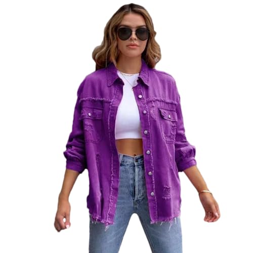 amropi Veste en Jean pour Femmes Chemisier en Denim Léger Blouson Ourlet Effiloché Jacket Violet, XXL