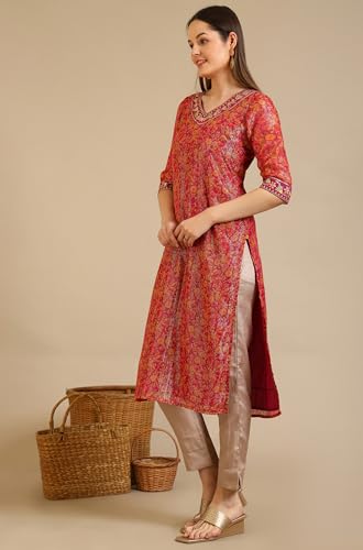 Image of Aurelia Women's Purple Floral Printed Georgette Lurex Straight Kurta