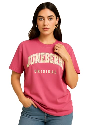 Image of JUNEBERRY Pure Cotton Oversized Drop Shoulder Brand Logo Typography Print Round-Neck Baggy Fit T-Shirt for Women (Available in Navy, Green & Pink Colors)